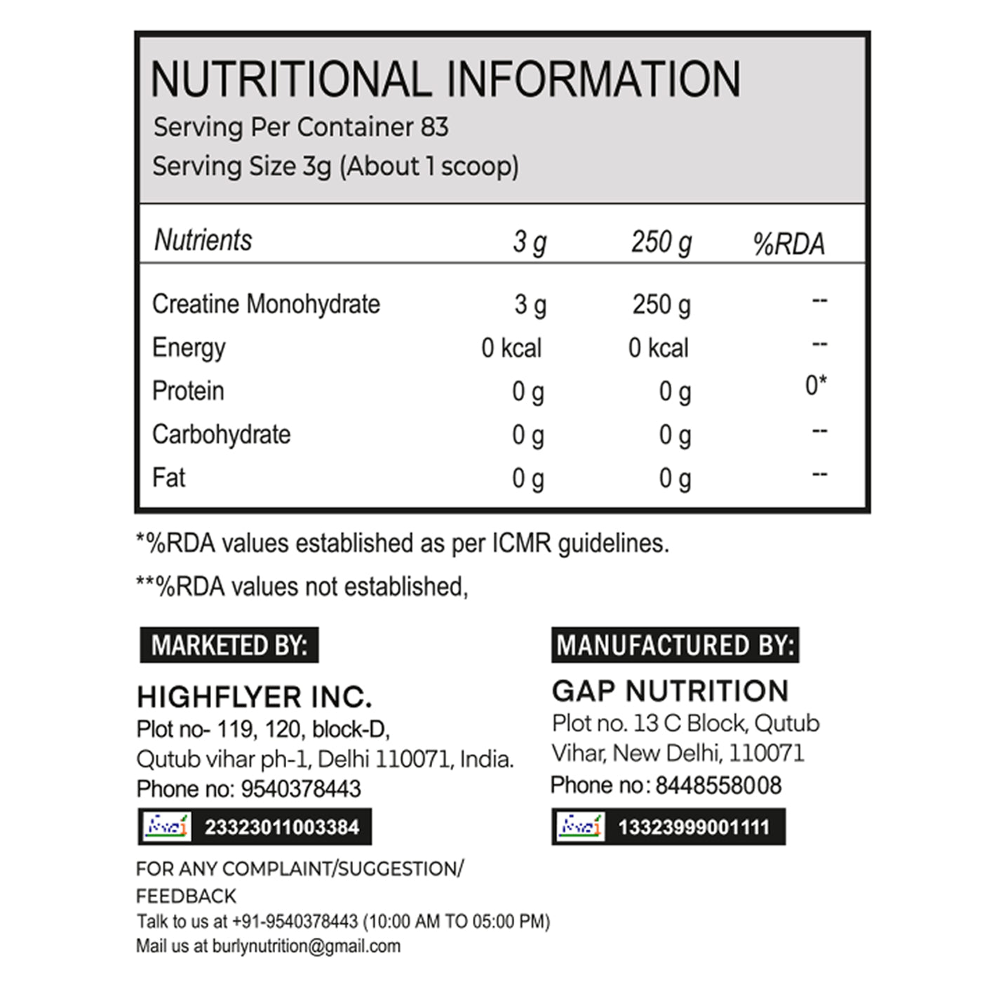 BURLY CREATINE MONOHYDRATE (250GM)